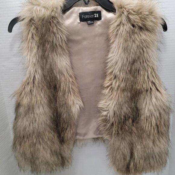 Womens Forever 21 Boutique Faux Fur Beige Brown Black Vest Jacket Cover Up M - Picture 3 of 11